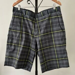 Nike Golf Dri-Fit Men's Gray Plaid Shorts with Lime Accent, Size 36.